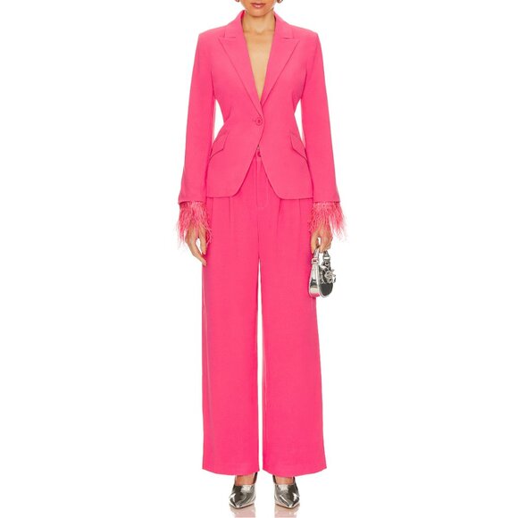 NWT Central Park West Daisy Marabou Pink Blazer Suit Pants XS Fringe‎ Barbie - Picture 1 of 14